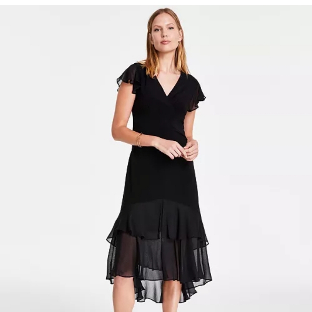 Tommy Hilfiger Black Midi Dress with Sheer Ruffle Hem
